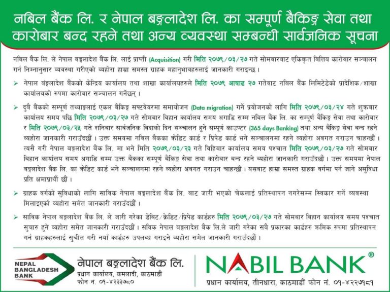 नबिल बैंक र नेपाल बंगलादेश बैंकको कारोबार शुक्रबारदेखि सोमबारसम्म बन्द रहने